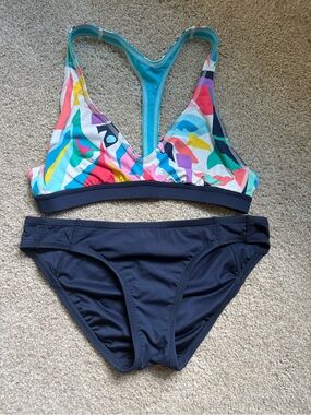 Anne Cole Multicolor Print Racerback Bikini with Navy Bottoms